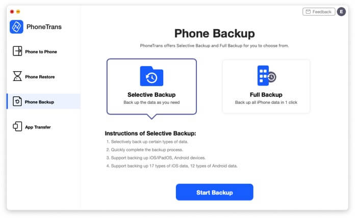 Backup options in PhoneTrans app to transfer iPhone data