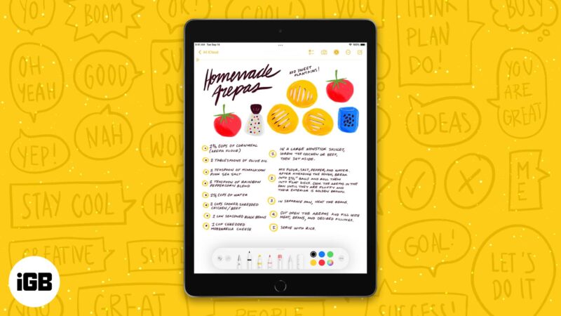 Note taking app opened on an iPad with colorful drawings