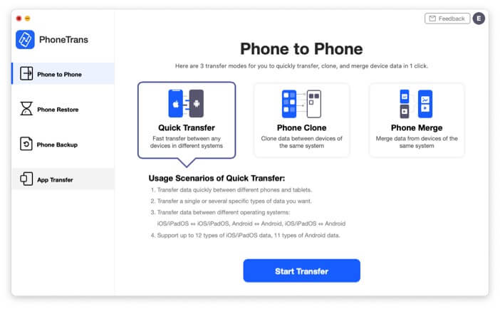 Connect old iPhone and new iPhone to your device and click on App Transfer in PhoneTrans