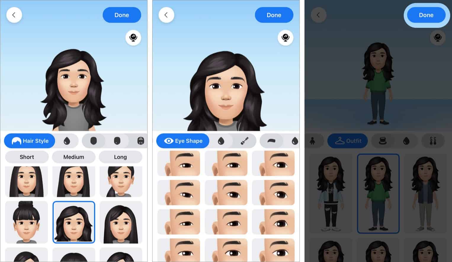 Customize Facebook Avatars various aspects like hairstyle, eyes, outfit, etc and tap on Done