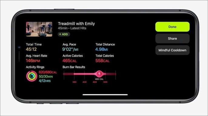 Displays Workout time heart rate and calories burned while working out on Fitness app