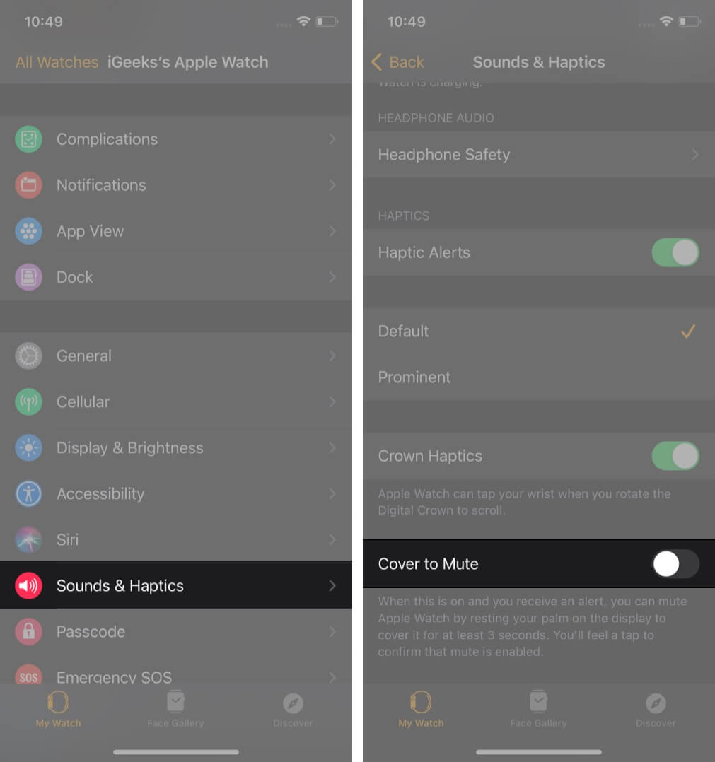 In the Watch app on iPhone Go to Sound and Haptics then toggle off Cover to Mute