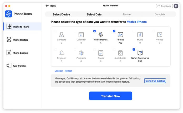 Select data to transfer and click on Transfer Now in PhoneTrans App