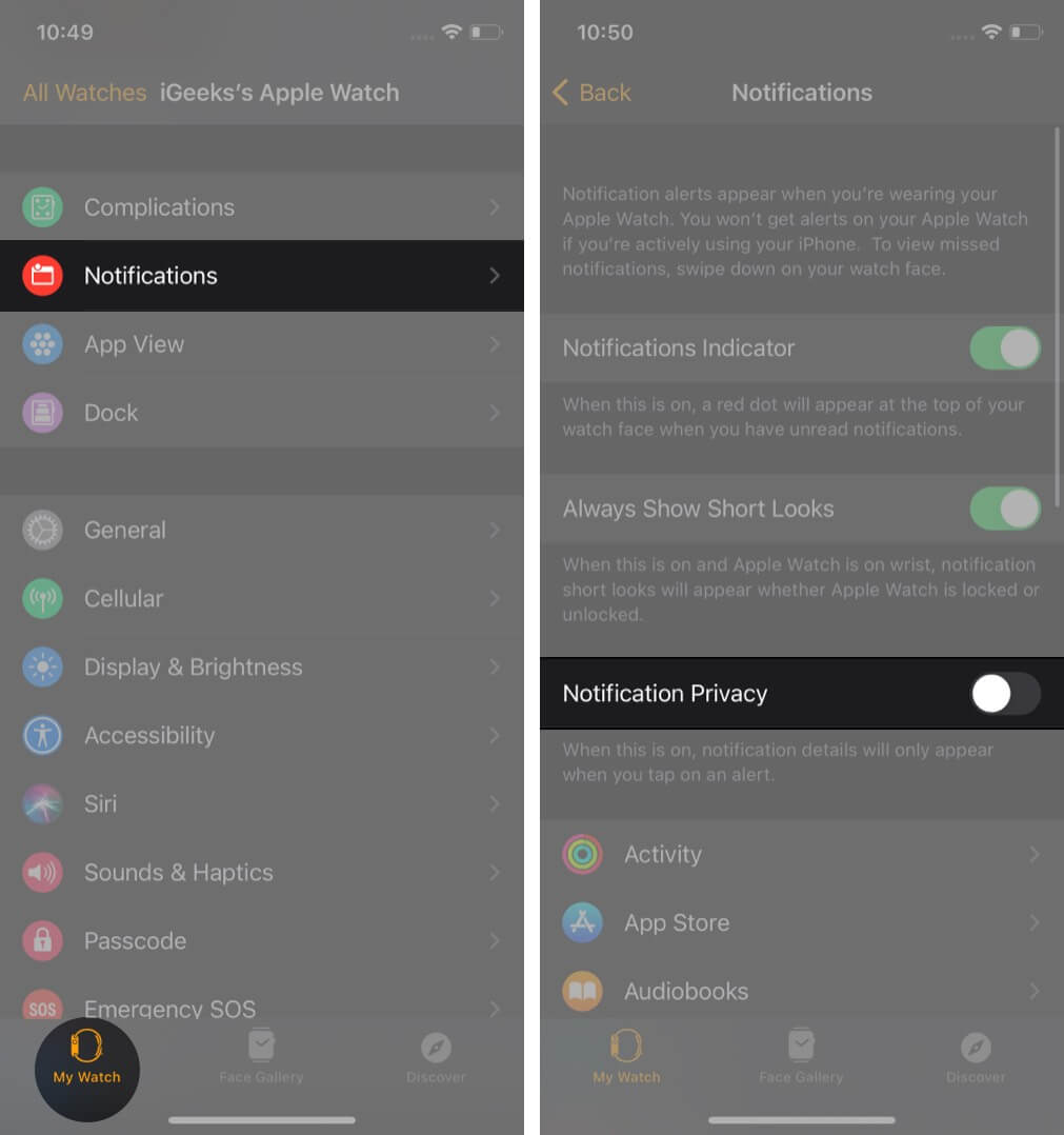 Toggle off Notification Privacy in Apple Watch app on iPhone