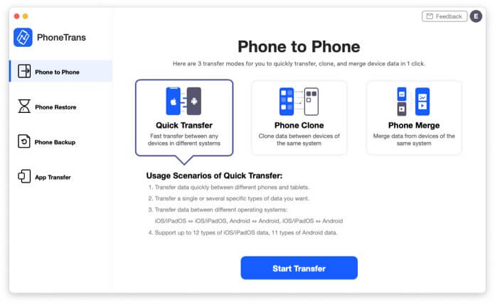 Transfer options in PhoneTrans app to transfer iPhone data