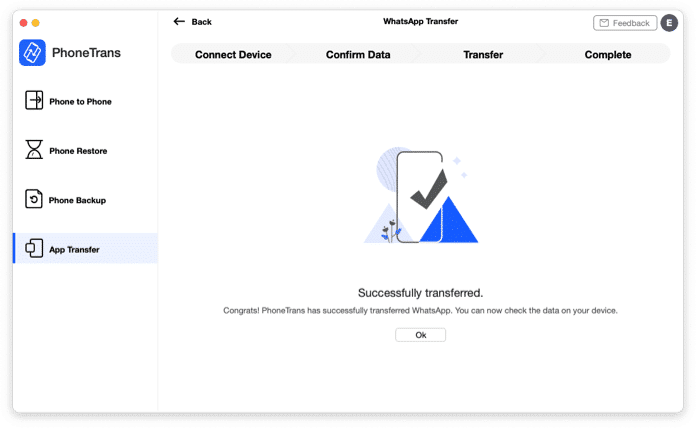WhatsApp data exchange process complete in PhoneTrans
