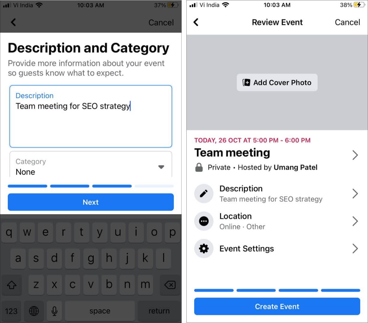 Add Description and Tap on Next to Create an Event on Facebook for iPhone