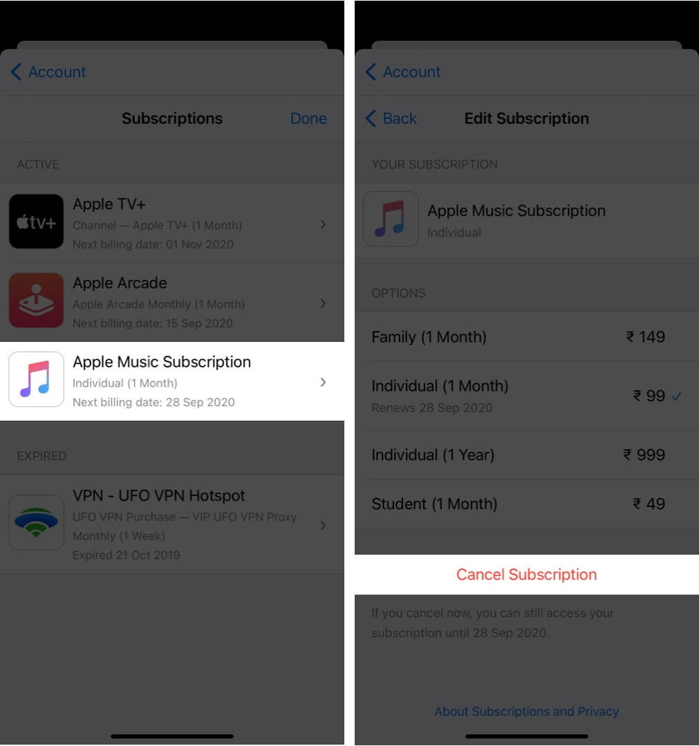 cancel apple music subscription on iphone