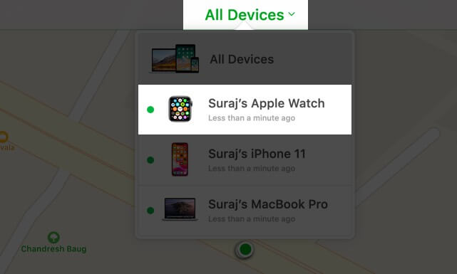 Bütün cihazları vurun və iCloud hesabında Apple Watch seçin