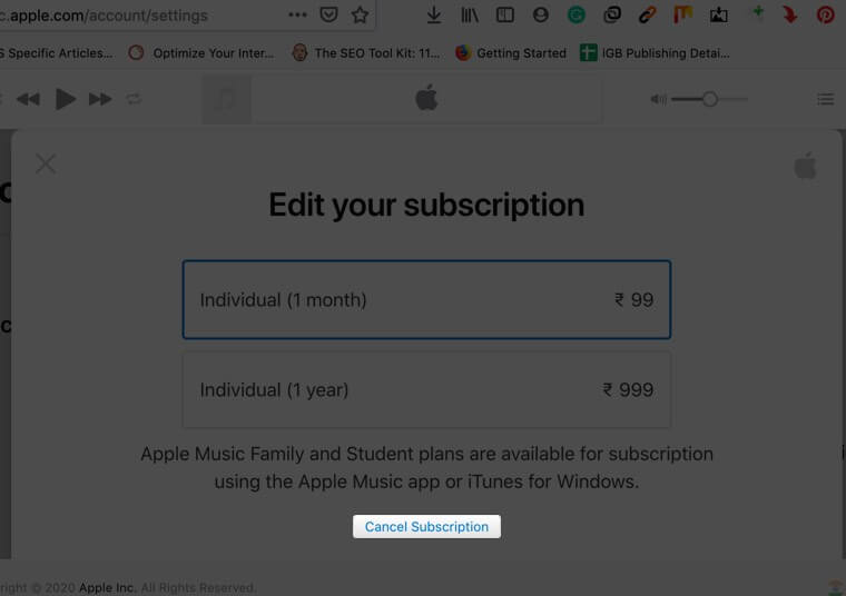 click on cancel subscription in apple music website