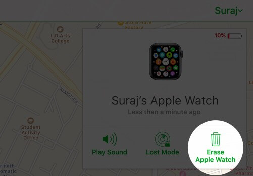 click on erase apple watch in icould account