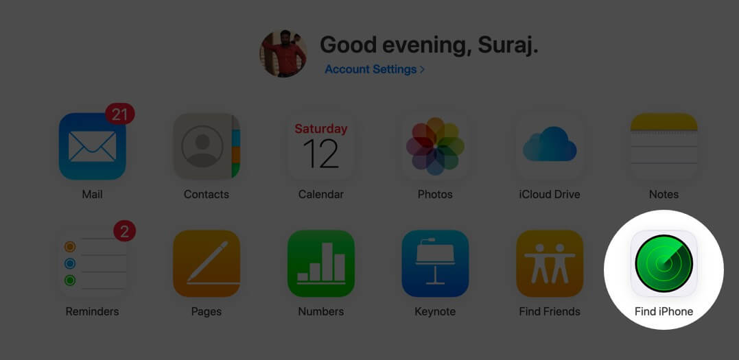 click on find iphone in cloud account on mac