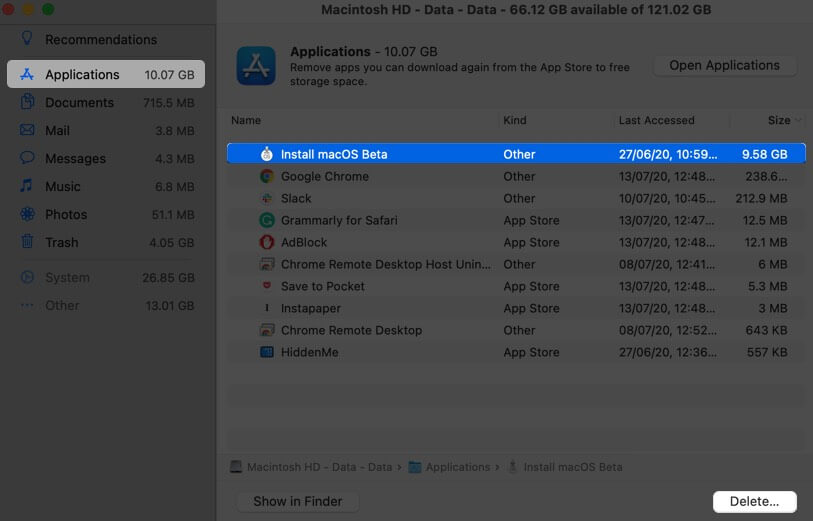 delete unused applications from mac storage