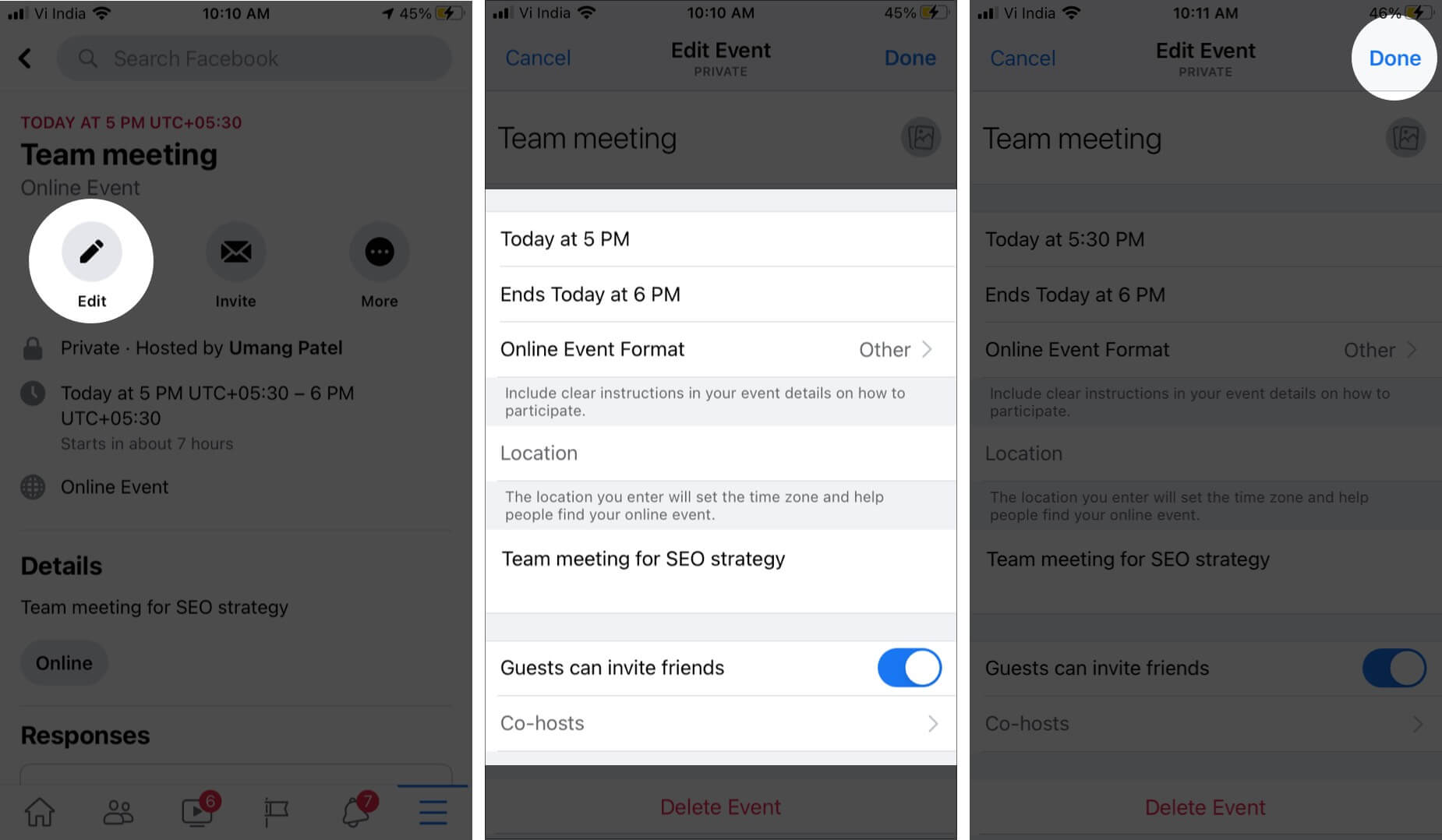Edit Existing Event in Facebook for iPhone