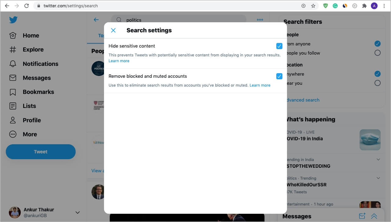 Включение и использование безопасного поиска Twitter на компьютере