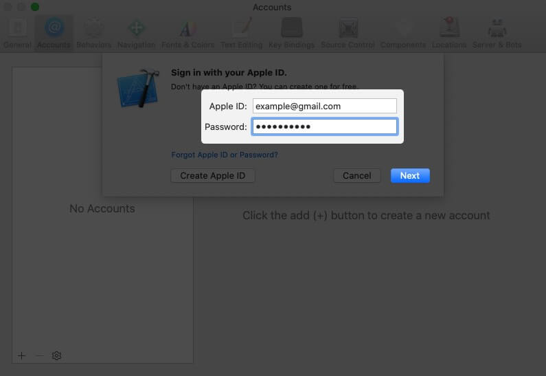 enter apple id and password and click on next to sign in to xcode with your dev account