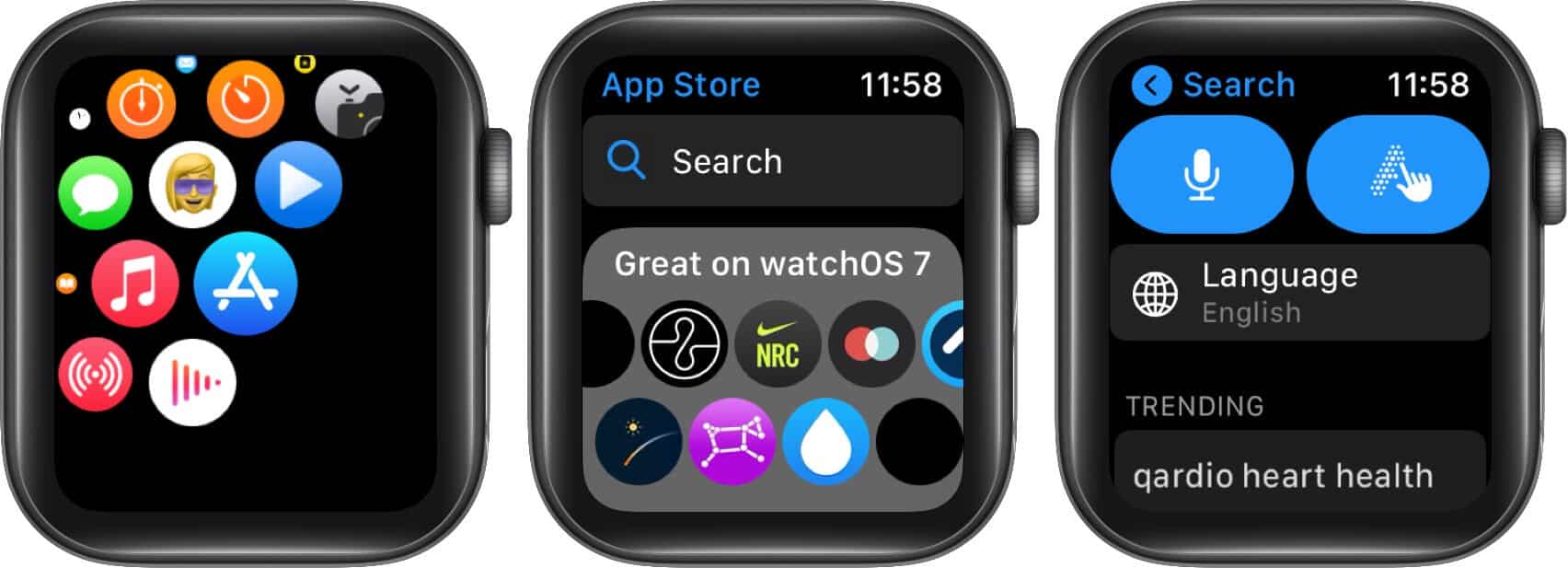 Öffnen Sie den App Store, tippen Sie auf Suchen und verwenden Sie Voice oder Scribble auf der Apple Watch
