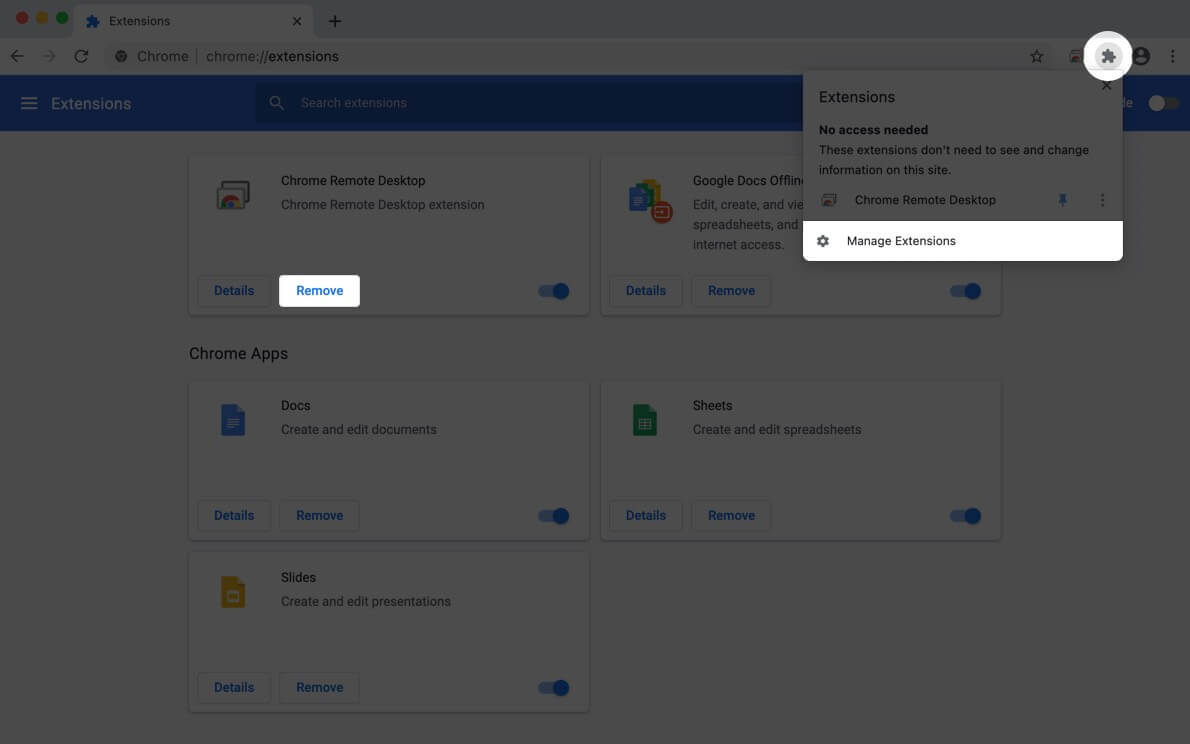 remove chrome extensions on mac