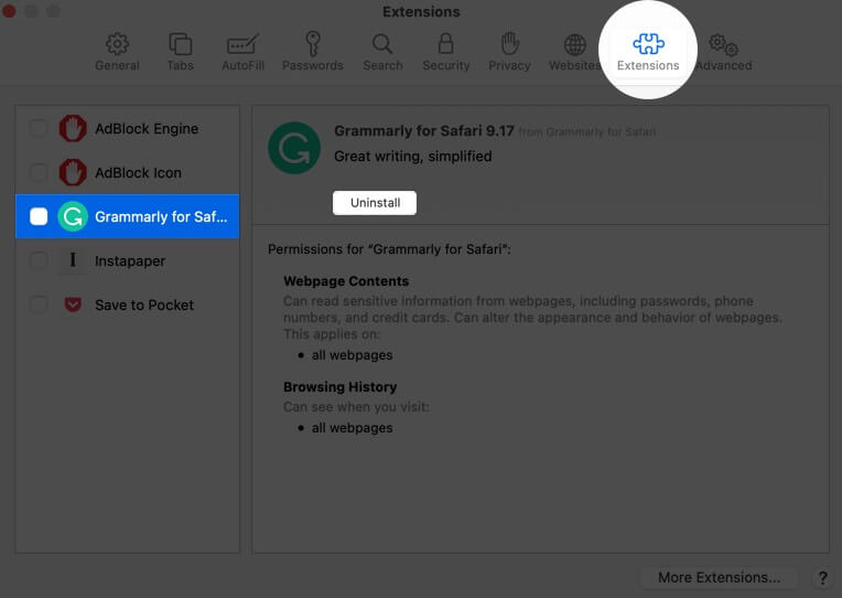 remove safari extensions on mac