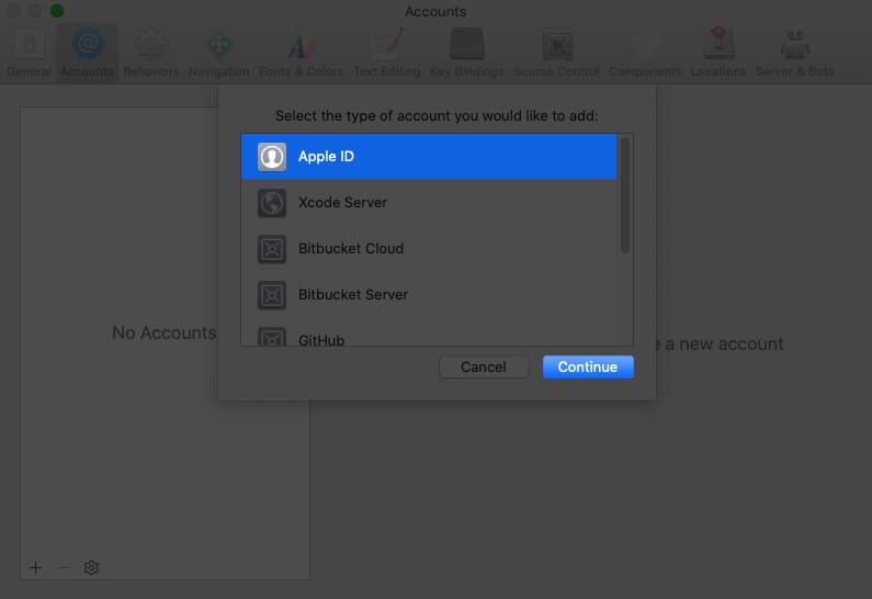 select apple id and click on continue on mac