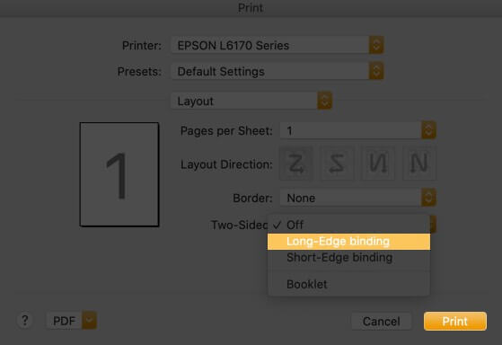 Select Long-Edge Binding to Print Double-Sided in Word on Mac