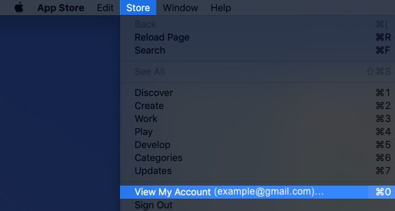 select store from app store menubar and click on view my account on mac