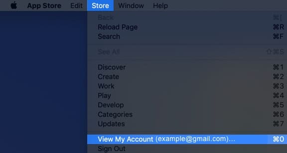 select store from app store menubar and click on view my account on mac