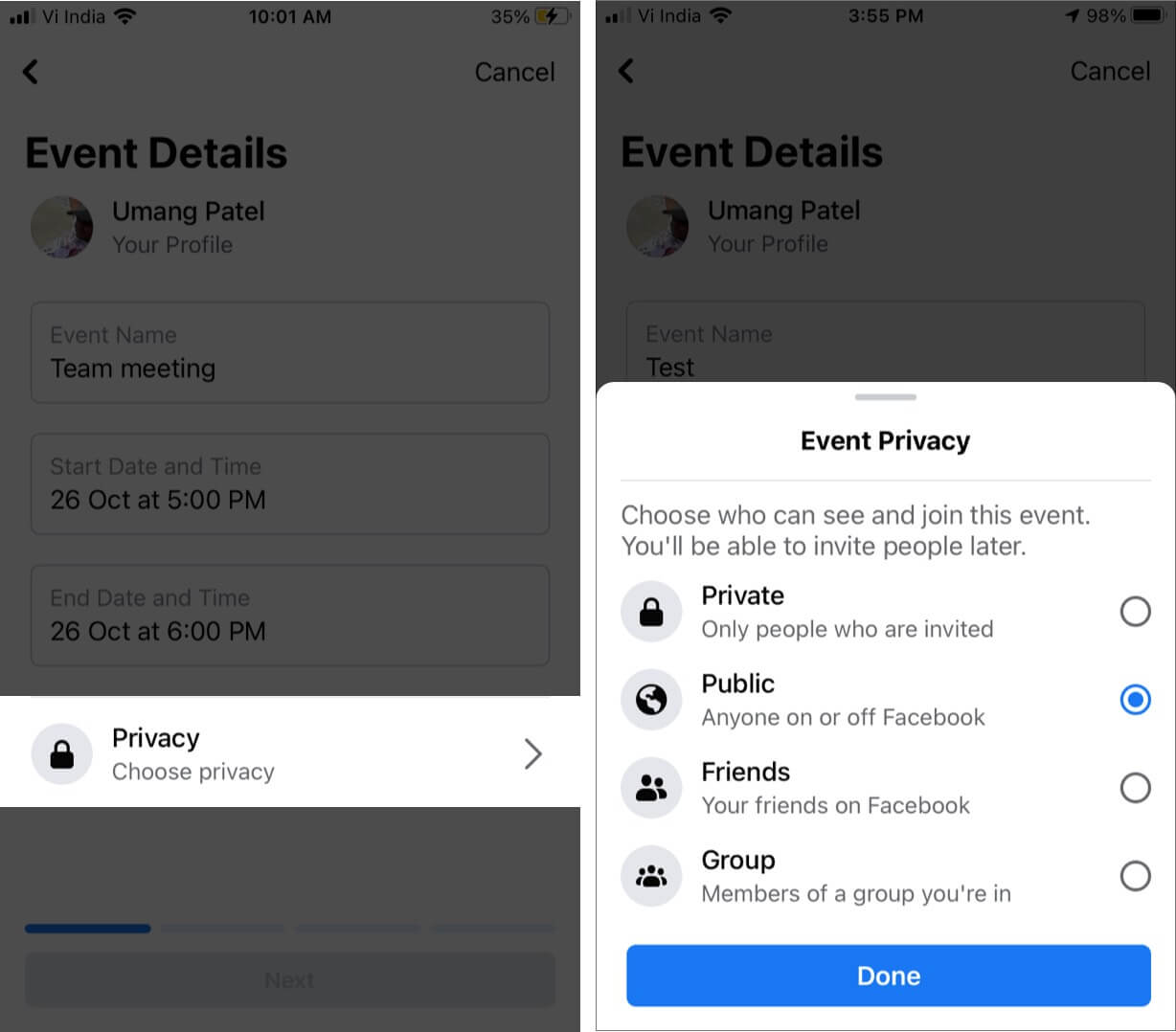 Set Privacy for Event and Then Tap on Done in Facabook App on iPhone