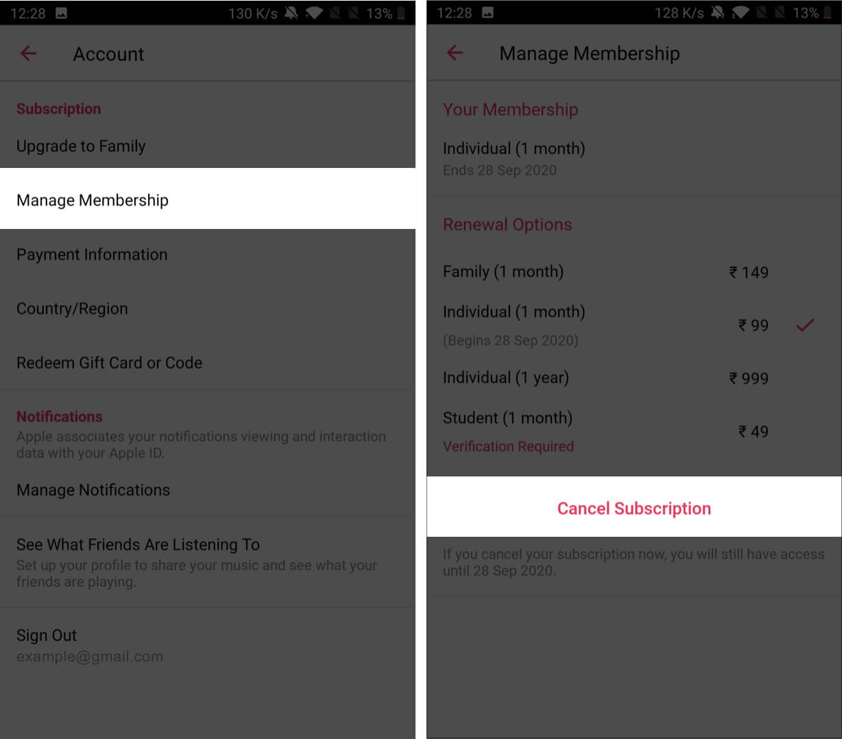 tap on manage membership and then tap on cancel subscription on android phone