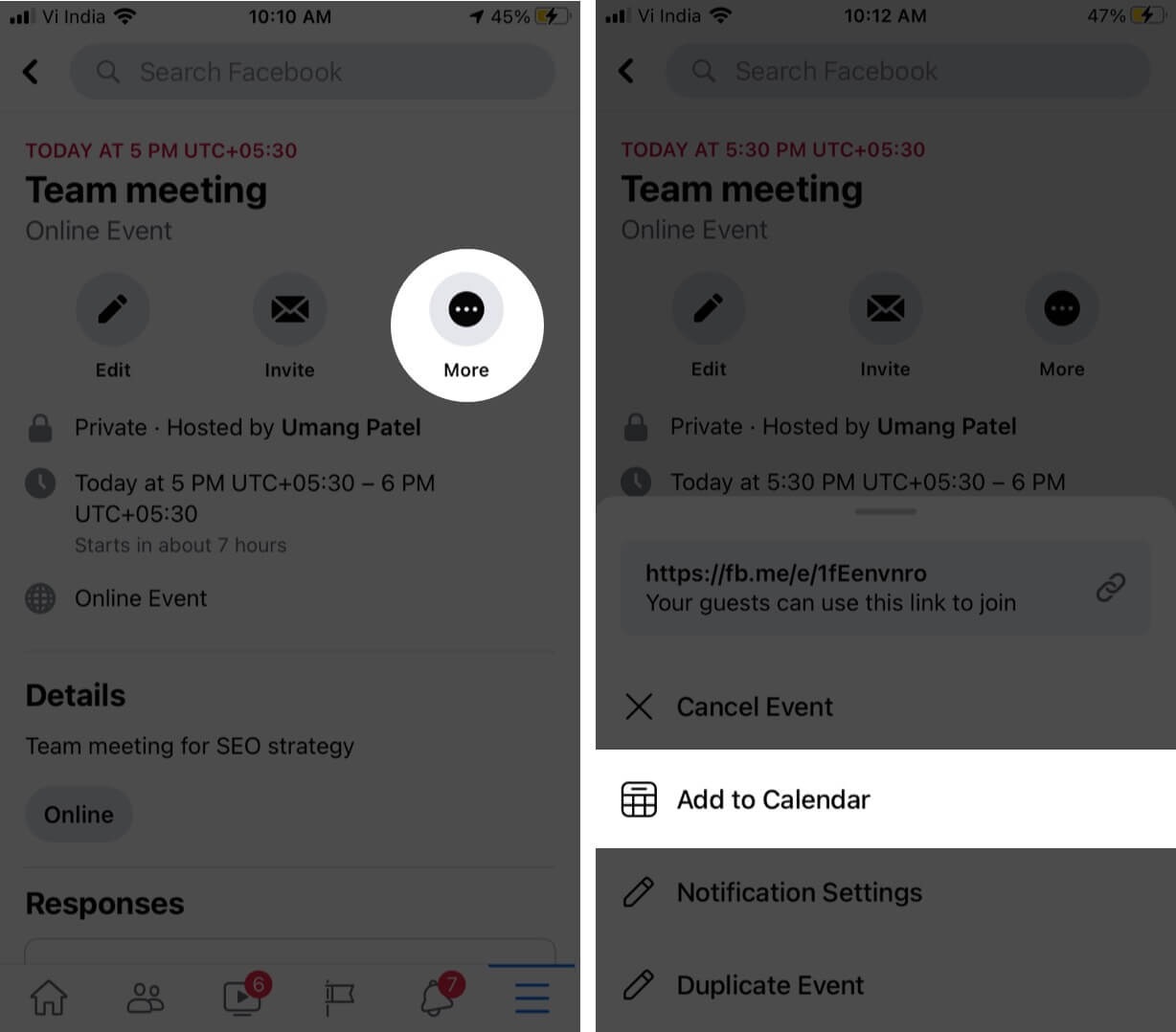 Tap on More and Then Tap on Add to Calendar in Facebook App