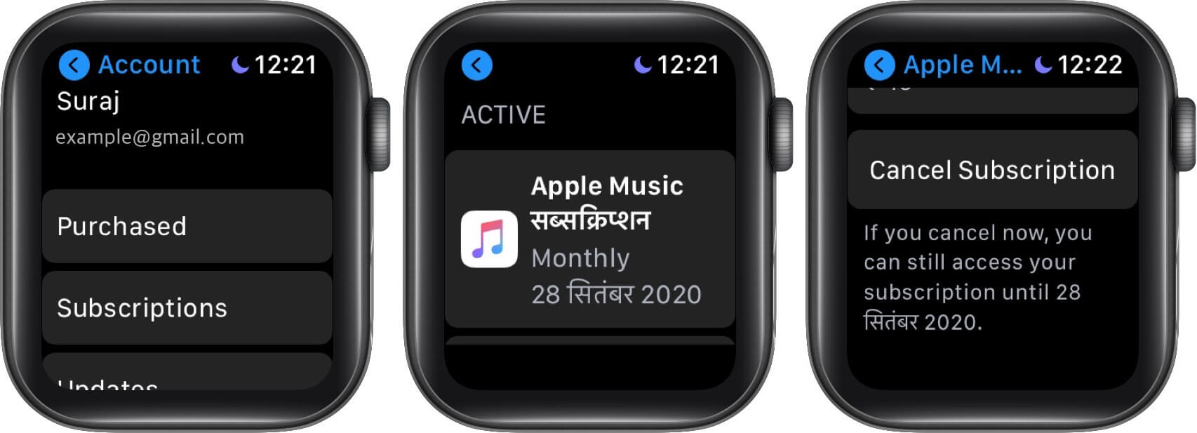 tap on subsctiption select apple music and tap on cancel subscription on apple watch