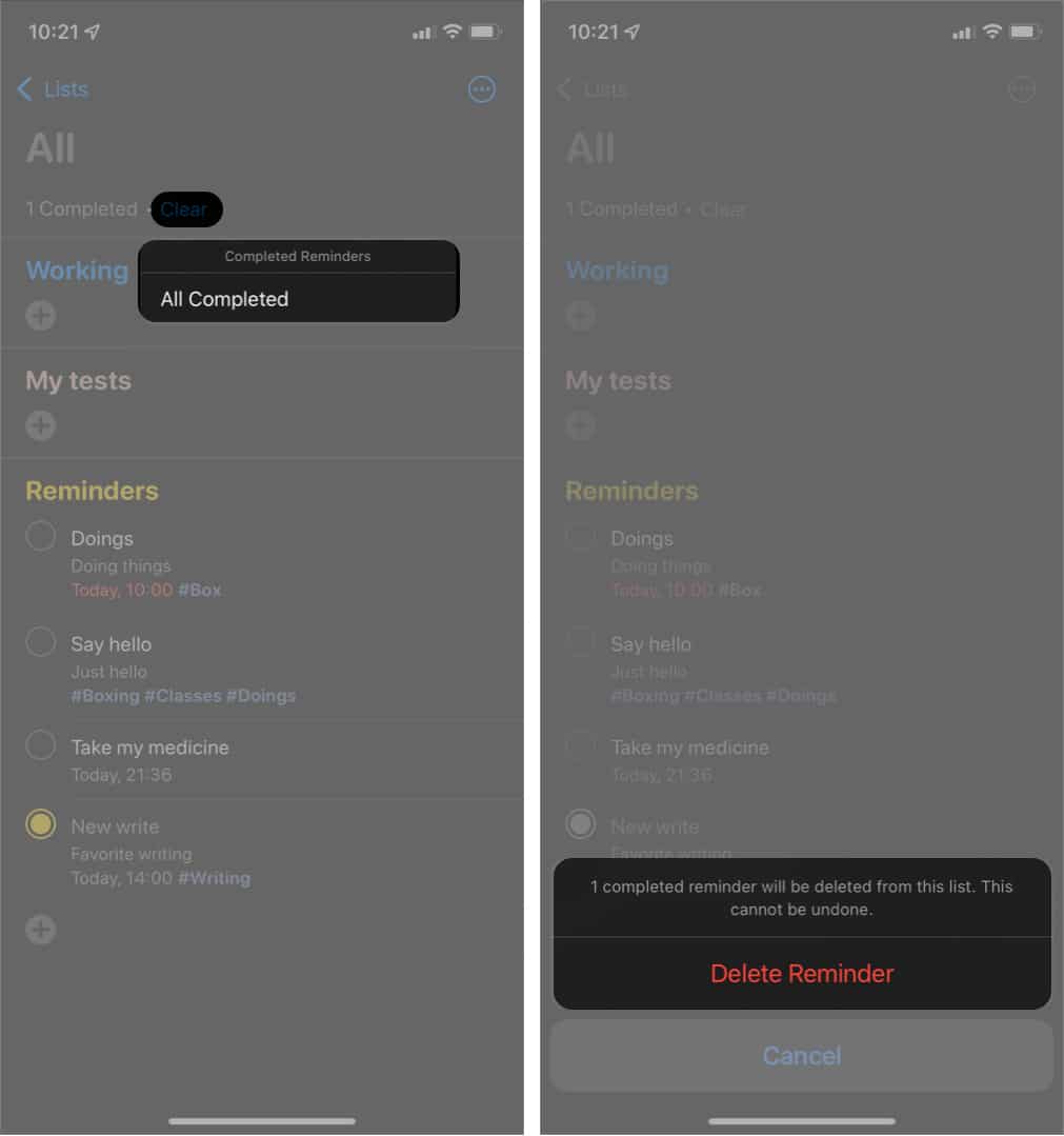 Delete all completed reminders at once in Reminders iOS app