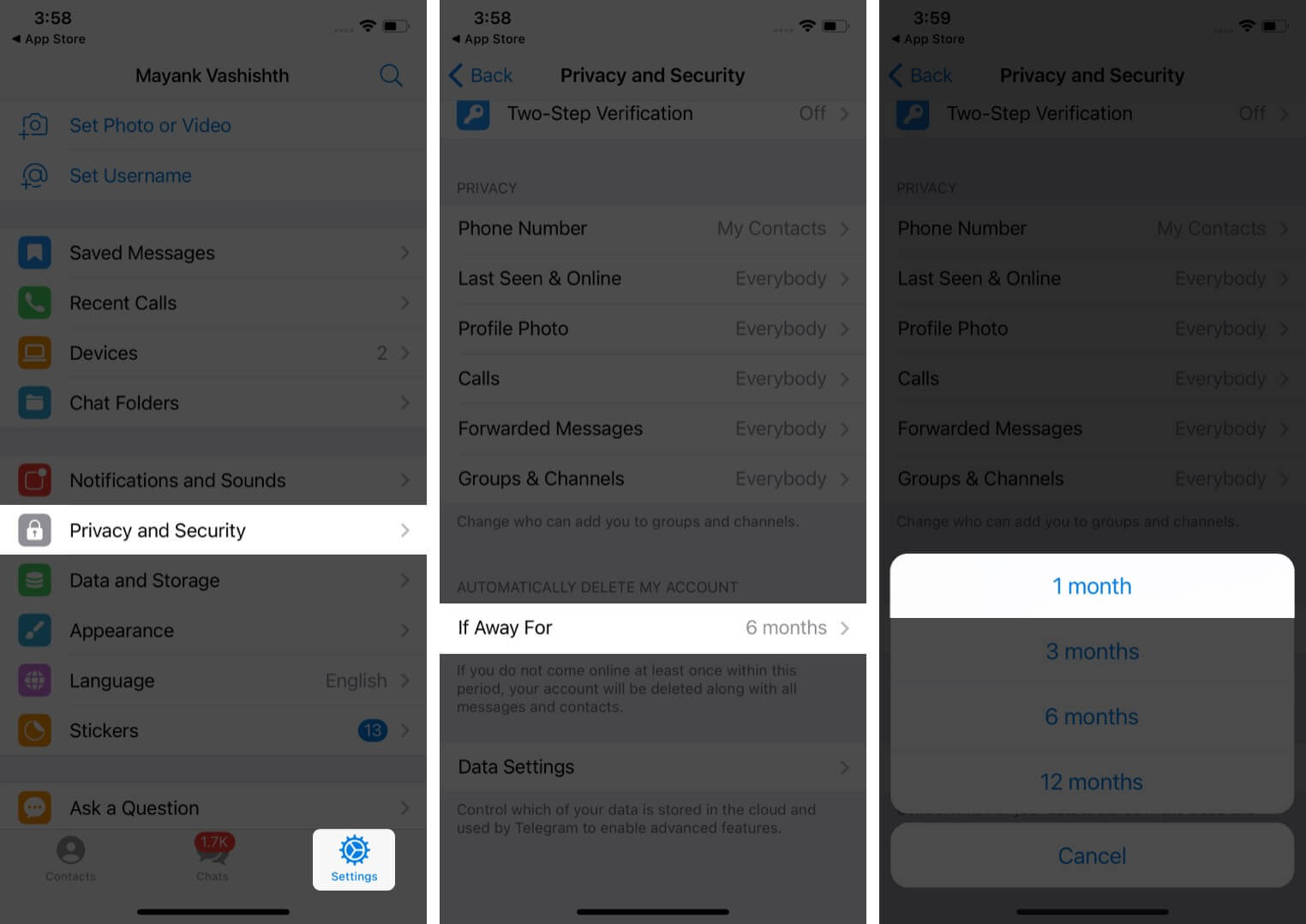 Delete telegram account by adjusting self-destruction settings on iPhone