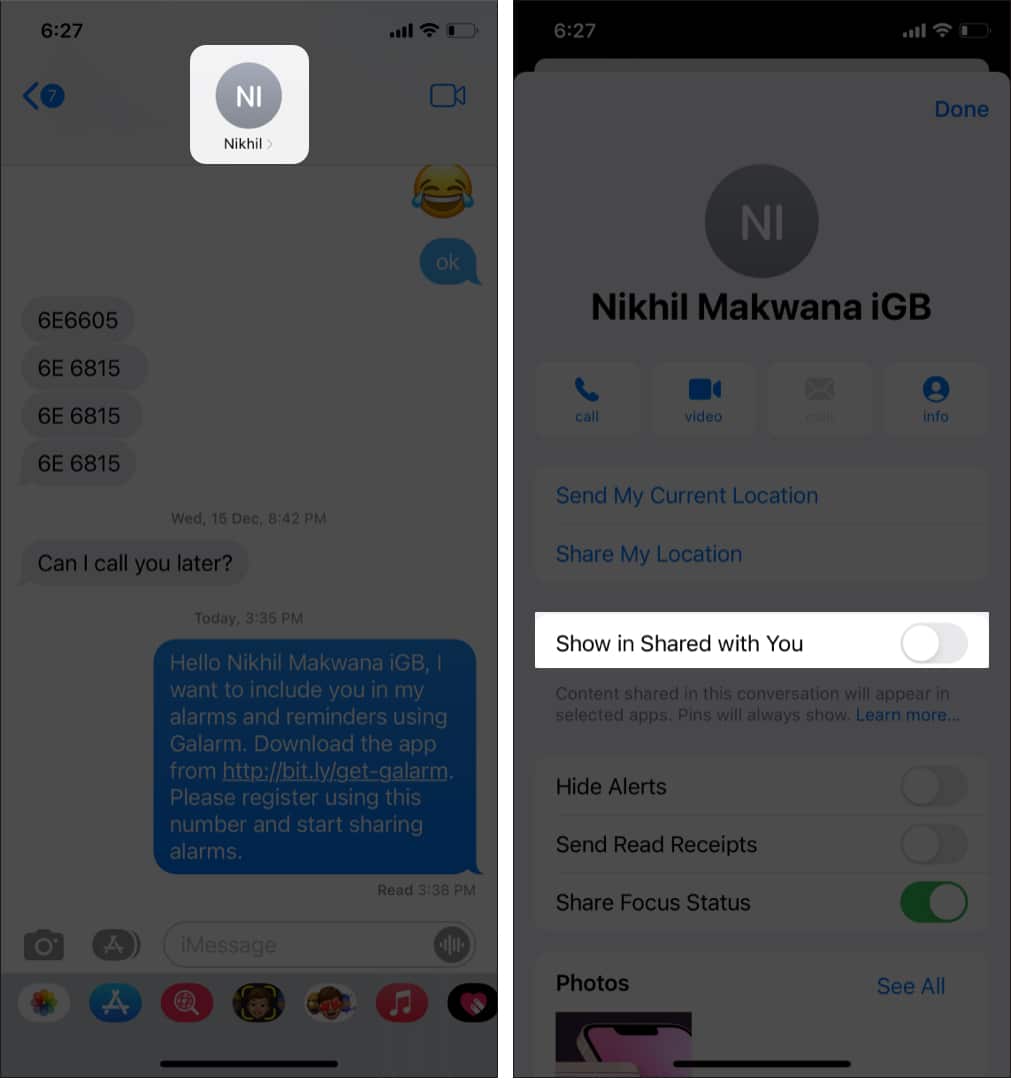 Hide Shared with you for specific person on iPhone