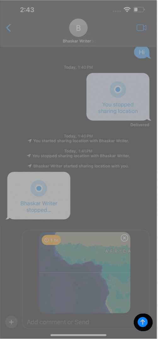 Hit blue arrow to send location in messages app