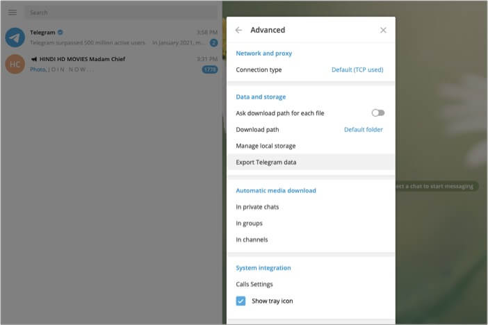 In Advanced settings of Telegram app select Export Telegram Data on Mac