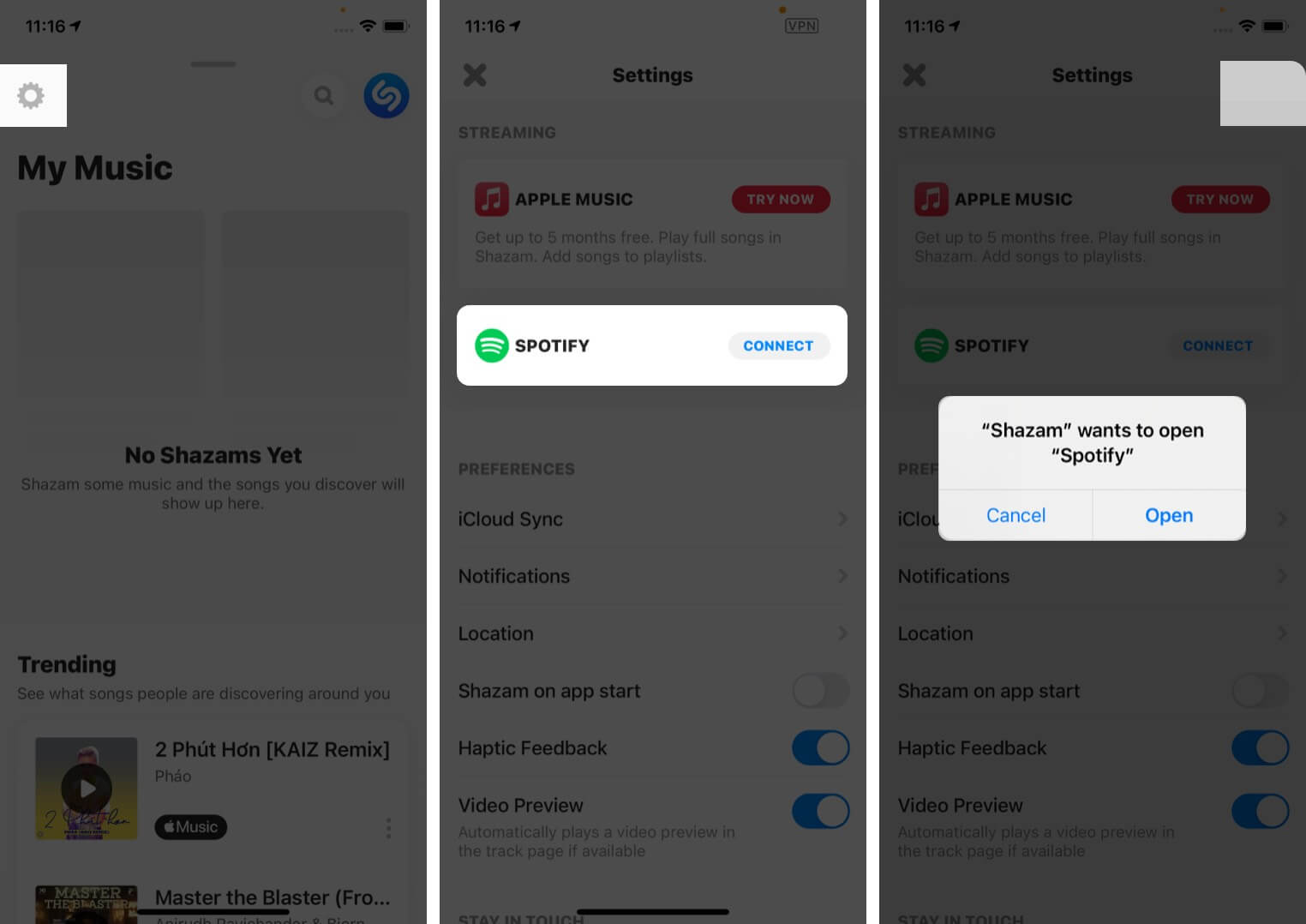In Shazam app tap Settings icon and connect Spotify on iPhone