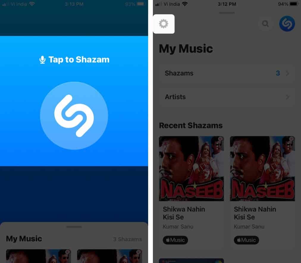 Open Shazam app and tap settings icon on iPhone