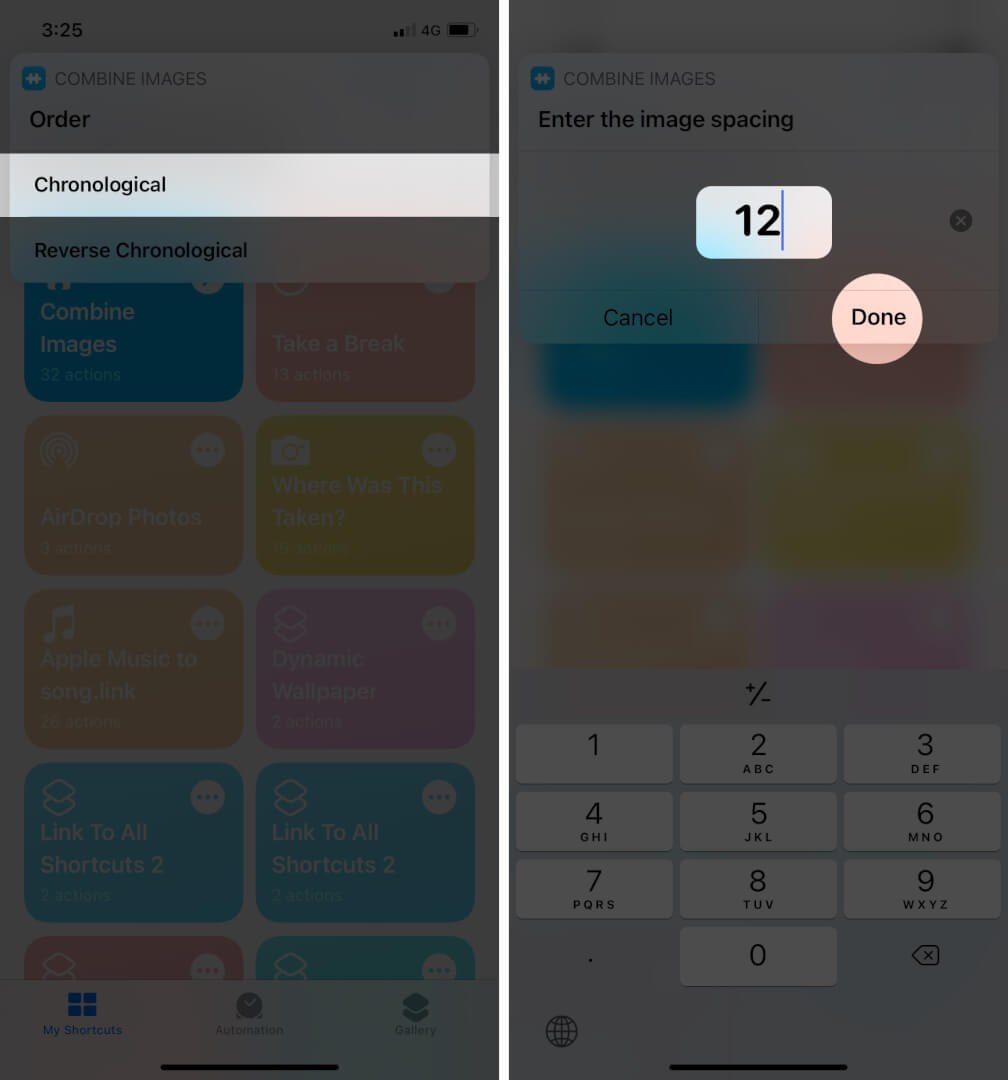 Select Chronological and enter spacing between photo then tap on Done