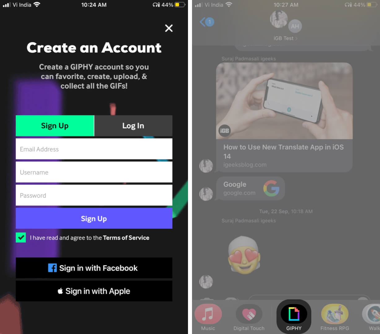 Sign in and tap on GIPHY in iMessage