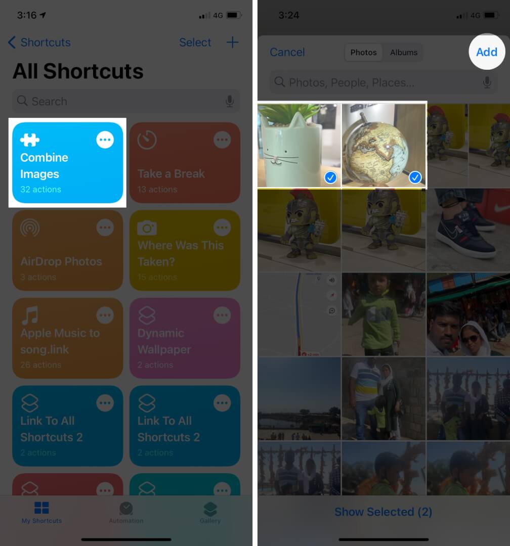 Tap Combine Images in Shortcuts app and Select Photos, tap Add