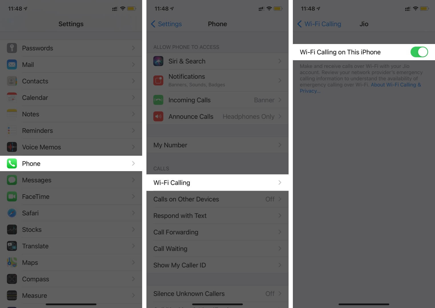 Tap on Phone in Settings and tap Wi-Fi Calling to enable Wi-Fi Calling For Other Devices