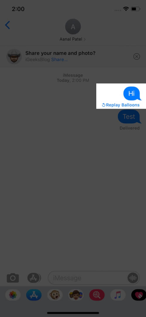 Tap on Replay to manually play iMessage screen effect