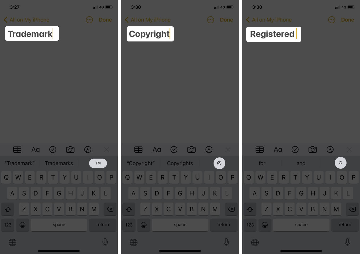 Type trademark copyright registered symbols with QuickType on iPhone