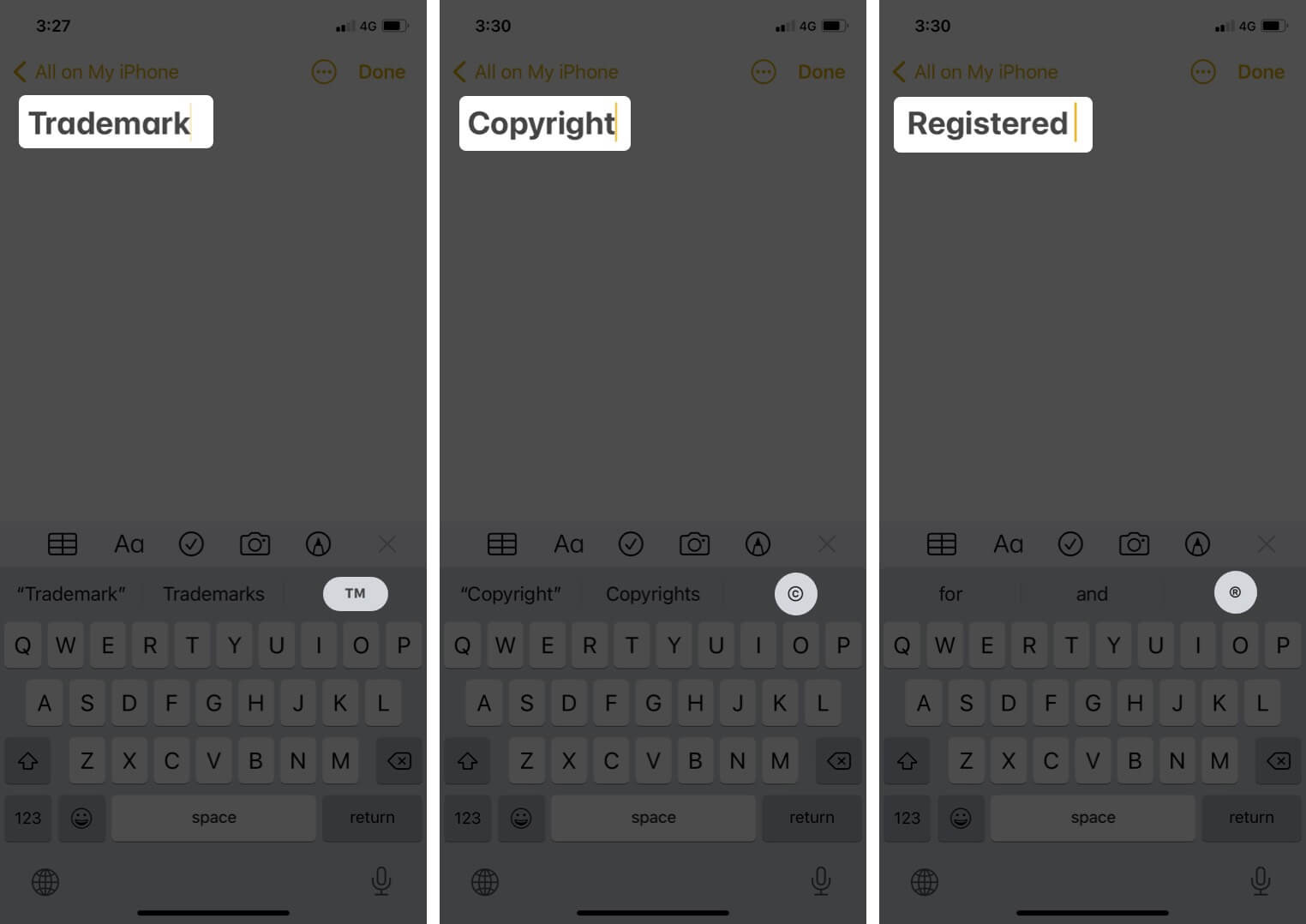 Type trademark, copyright, registered symbols with QuickType on iPhone
