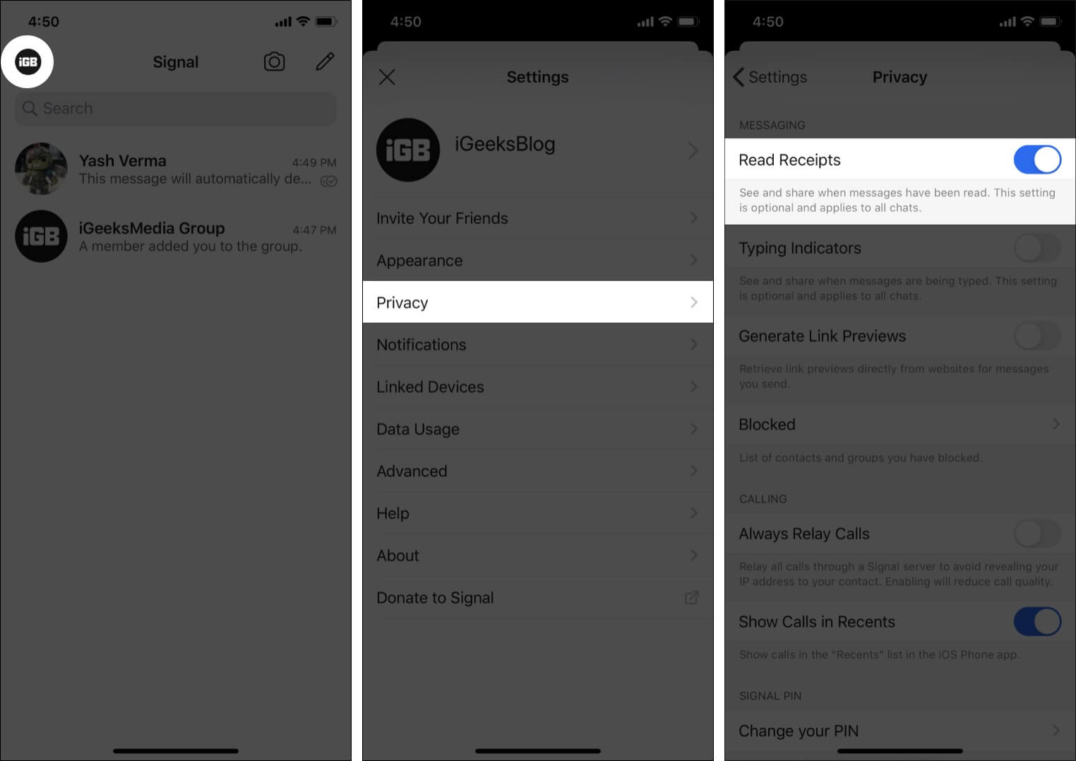 Choose to share or hide read receipts in Signal