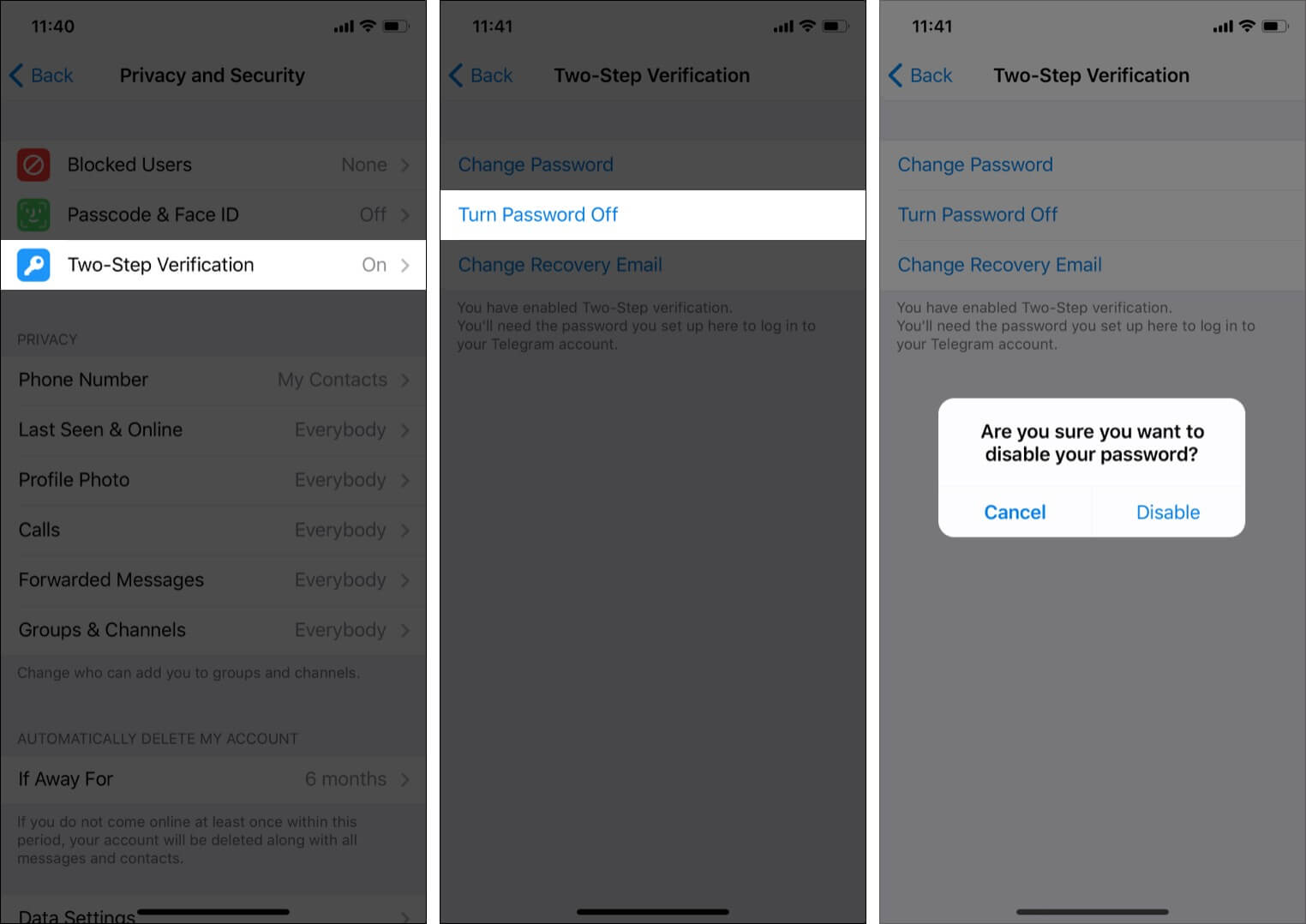 Как отключить двухэтапную аутентификацию в Telegram на iPhone