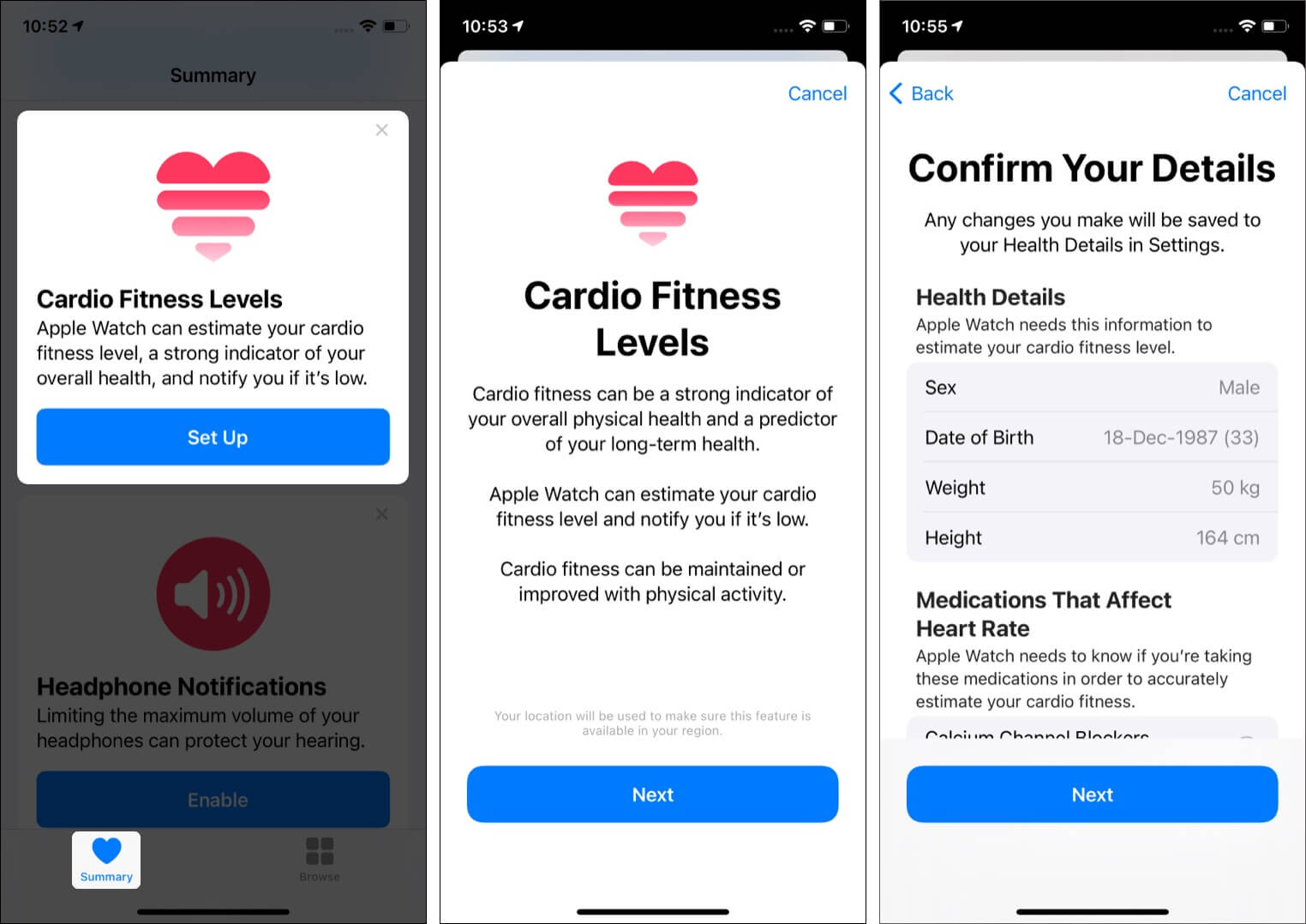 In Health app tap Summary Set Up below Cardio Fitness Levels and Confirm your Details