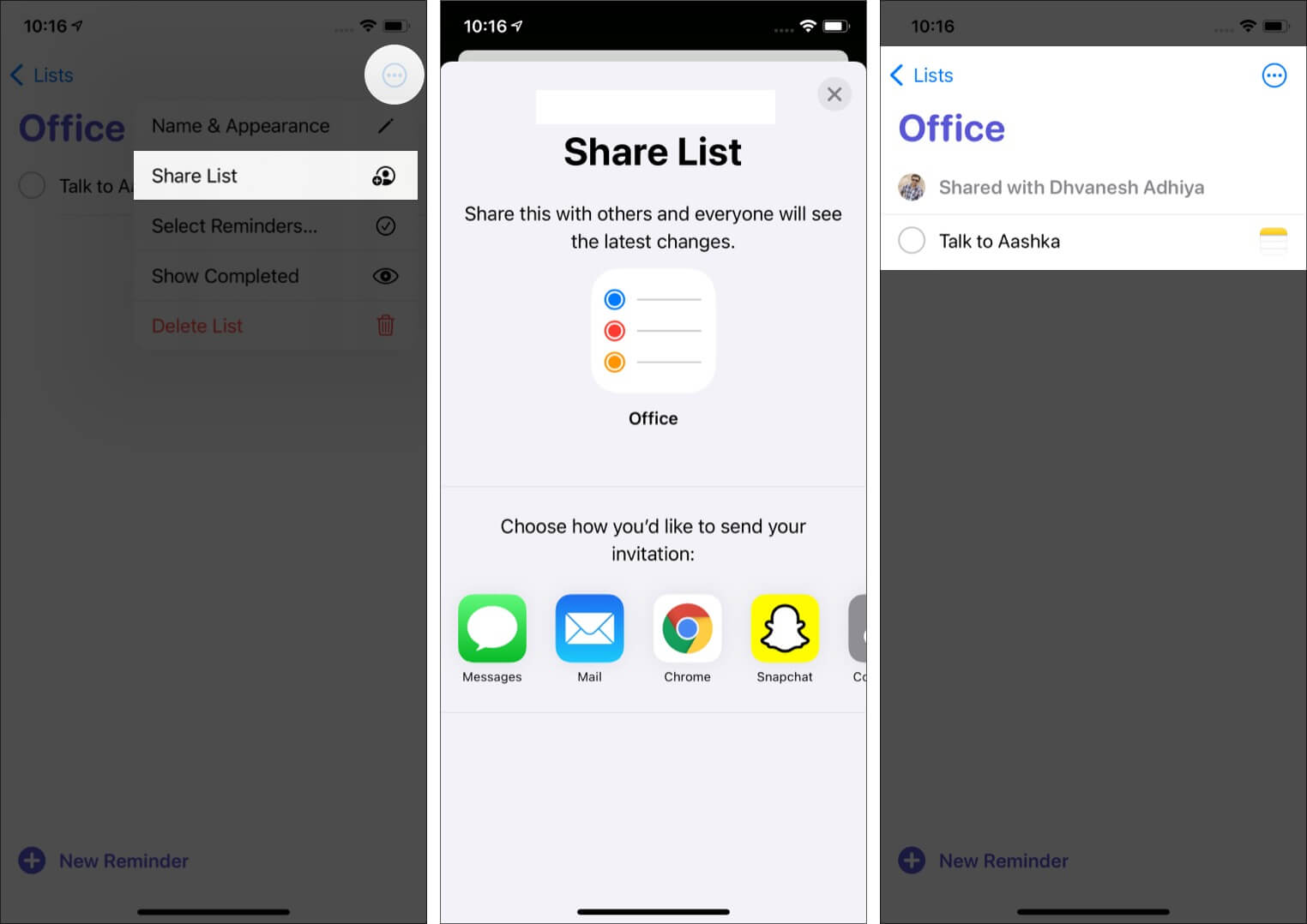 Tap More Share List Send Invitation to Share Reminder List