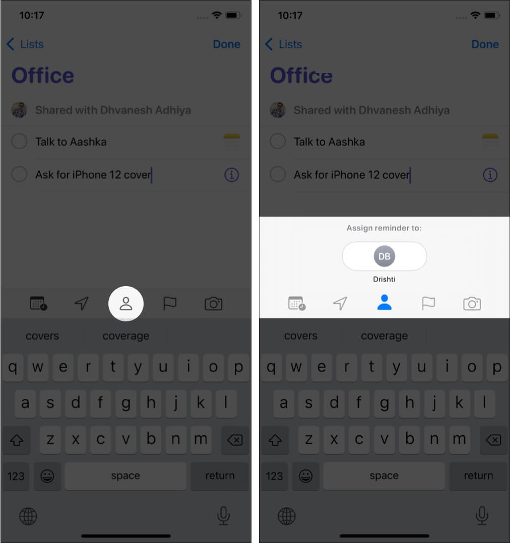 Tap on Assignment Button and Choose Person to Assign a Reminder in Shared List